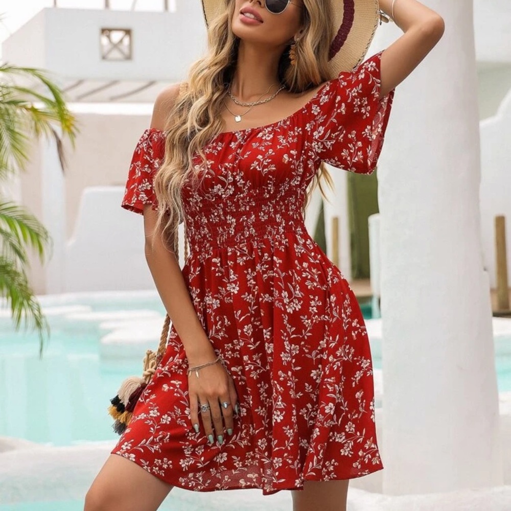 Boho floral print off the shoulder shirred waist mini dress red white - Picture 1 of 9